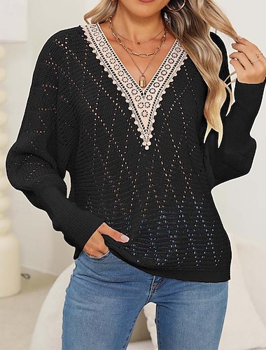  Damen Pullover Elegant Täglich Feste Farbe V Ausschnitt Spitze Patchwork Langarm Normale Oberteile Stricken Heim Arbeit Schwarz Weiß Herbst Winter