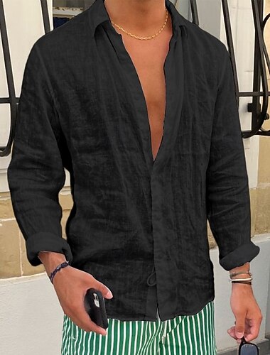  Voor heren Overhemd Linnen overhemd Zomer overhemd Strand hemd Overhemden zonder broek Effen Casual Dagelijks blauw Zwart Wit Blozend Roze Lange mouw Revers Lente zomer Kleding