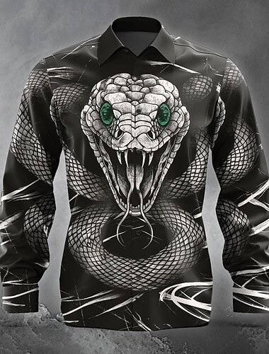  Serpente Orrore Per uomo Camicia con bottoni Manica lunga Da sera Autunno Inverno Primavera estate Colletto Stampa 3D Sottile Nero Poliestere