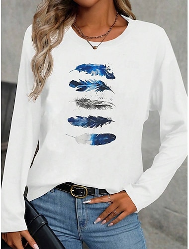  Damen T Shirt Feder Brautkleider schlicht Langarm Rundhalsausschnitt Normale Oberteile Täglich Bedruckt Weiß Frühling Herbst