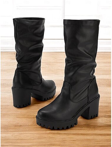  botas femininas pretas de salto grosso com sola de lug – botas retrô de couro sintético de cano médio para outono e inverno