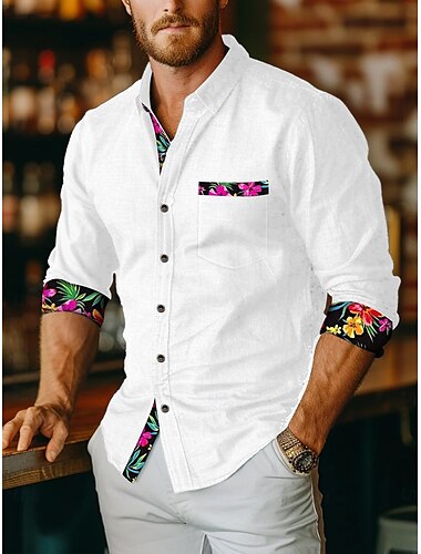  Herren Hemd leinenhemd Sommerhemd Strandbekleidung Knopfhemd Glatt Casual Täglich Schwarz Weiß Rosa Blau Langarm Kragen Frühling Sommer Bekleidung