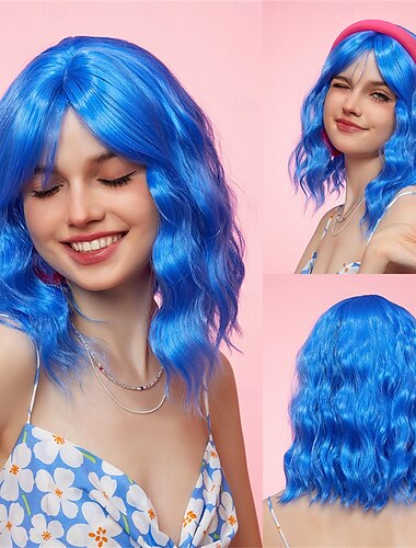  Synthetische Perücken Uniformen Karriere Kostüme Prinzessin Locken Wellen Mittelteil Stufenhaarschnitt Maschinell gefertigt Perücke 14 Zoll Königsblau Synthetische Haare Damen Cosplay Party Modisch