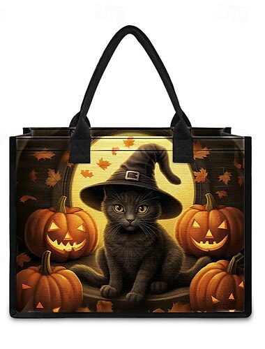  Tragetasche mit Halloween-Motiv und schwarzem Katzen- und Kürbis-Design – wiederverwendbare Einkaufstasche mit großem Fassungsvermögen für Damen