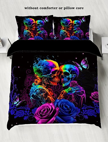  3-teiliges Bettwäscheset mit coolem Gothic-Totenkopf-Blumendruck – einzigartiges und künstlerisches Design – enthält Bettbezug und Kissenbezüge – weicher und strapazierfähiger Stoff – perfekt, um