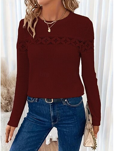  Blusas Elegantes de Encaje Blancas para Mujeres Blusa con Ojales Casual Manga Larga Tops Regulares Cuello Redondo Diario Romántico Petite Tops Verano Otoño Negro Blanco Rojo Marrón Claro Primavera