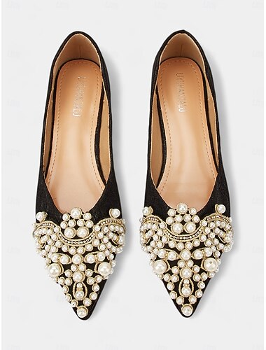  Γυναικεία Χωρίς Τακούνι Παπούτσια Bling Bling Κρίσταλ Σανδάλια Πάρτι Επίπεδο Τακούνι Μυτερή Μύτη Μοντέρνα Δαντέλα Μοκασίνια Μαύρο Μπεζ