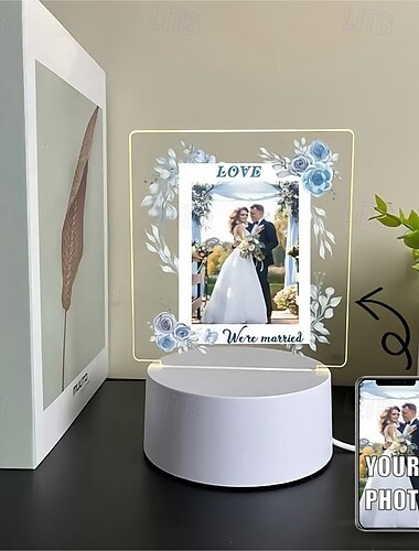  Lámpara de foto iluminada personalizada para bodas, San Valentín, luz de noche acrílica con foto personalizada, alimentada por USB, para un regalo romántico de aniversario de bodas para esposo, esposa o amantes