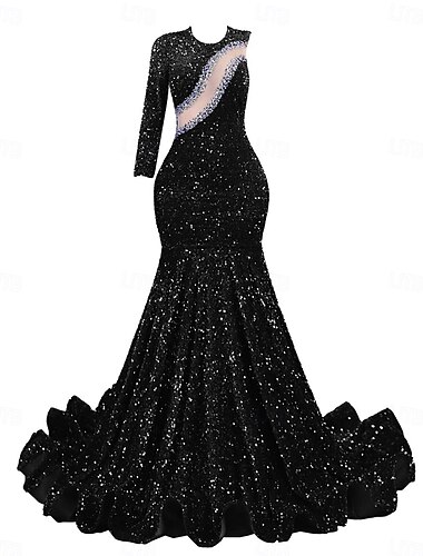  Meerjungfrau Abendkleid Elegantes Kleid Abendparty Verlobung Hofzug Lange Ärmel Ein Schulter Afroamerikanisch Pailletten mit Perlen Pailletten-Maskeradenkleid 2025