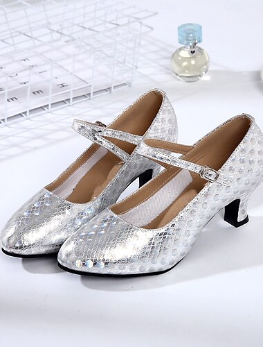  Damen-Tanzschuhe mit goldenem Glitzer und Mary-Jane-Riemen, geschlossene Absätze für lateinamerikanischen Tanz und Salsa-Tanz