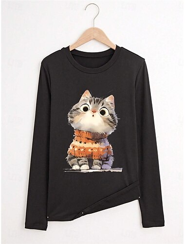  Damen T Shirt Katze Brautkleider schlicht Langarm Rundhalsausschnitt Normale Oberteile Täglich Wochenende Bedruckt Schwarz Blau Beige Herbst Winter