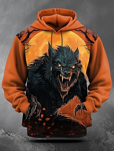  Kürbis Werwolf Herren Modisch 3D-Druck Hoodie Sweatshirt Kapuze Halloween Halloween Hoodies Orange Mit Kapuze Tasche 3D-Druck Herbst Winter Designer Kapuzenpullover