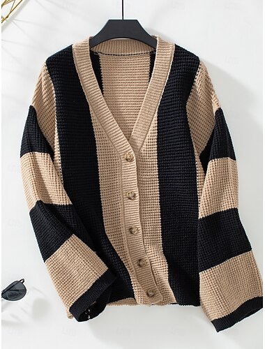  Damen Strickjacke Stilvoll Büro Brautkleider schlicht Gestreift Öffnung vorne Strick Bedruckt Langarm Normale Oberteile Stricken Täglich Orange Khaki Herbst Winter