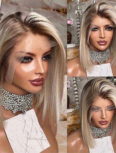  Remy-hius 13x4 pitsiä edessä Peruukki Bob-leikkaus Polkkatukka Sivuosa Brasilialainen Suora Tumman harmaa Kulta Monivärinen Peruukki 130% 150% 180% Hiusten tiheys ja vauvan hiukset Luonnollinen