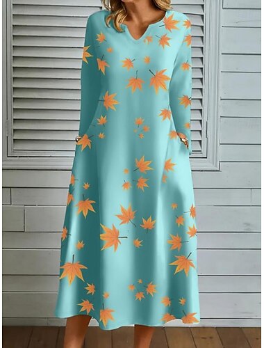  Maxikleid mit V-Ausschnitt und Blattmuster für Damen, lange Ärmel, Frühling/Herbst