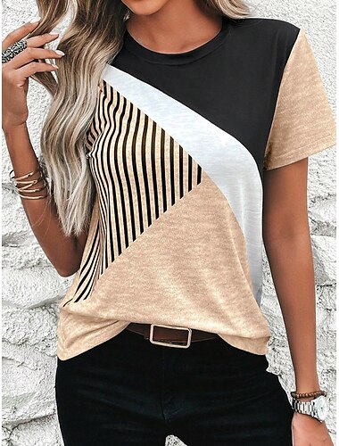  dames t-shirt casual color block print korte mouw normale tops ronde hals dagelijks hemelsblauw kaki grijs zomer