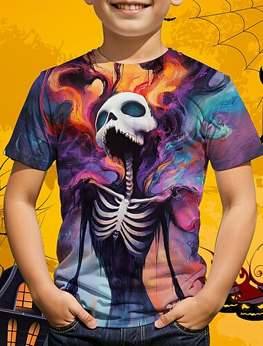  ハロウィーン 男の子 3D グラフィック スカル Tシャツ Ｔシャツ 半袖 夏 春 ファッション ベーシック ポリエステル 子供 4〜12年 クルーネック アウトドア カジュアル 日常 レギュラー