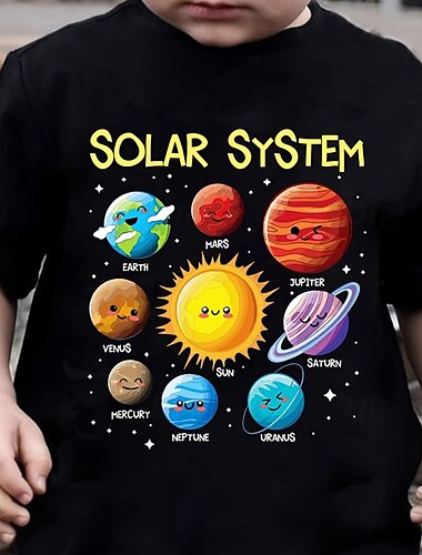  100% Baumwolle kinderkleidung Jungen Schwarz Himmel / Galaxie T-Shirt Oberteile Rundhalsausschnitt Kurzarm Casual Freizeitskleidung Urlaub Modisch Sport Bedruckt Sommer