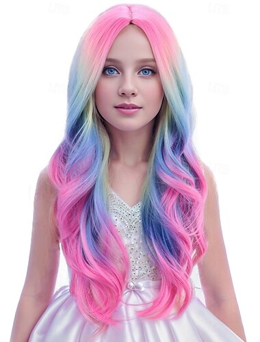  Pelucas coloridas para niñas, peluca larga rizada y ondulada para niñas, peluca de arcoíris sintética de colores para fiestas de cosplay y carnaval