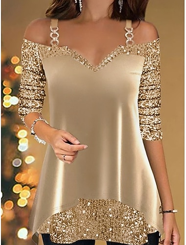 Damen T Shirt Funkelnd Fest / Feiertage Langarm Kalte Schulter V Ausschnitt Normale Oberteile Party Wochenende Pailletten Khaki Grau Frühling & Herbst   Damen T Shirt Funkelnd Fest / Feiertage Langarm Kalte Schulter V Ausschnitt Normale Oberteile Party Wochenende Pailletten Khaki Grau Frühling & Herbst