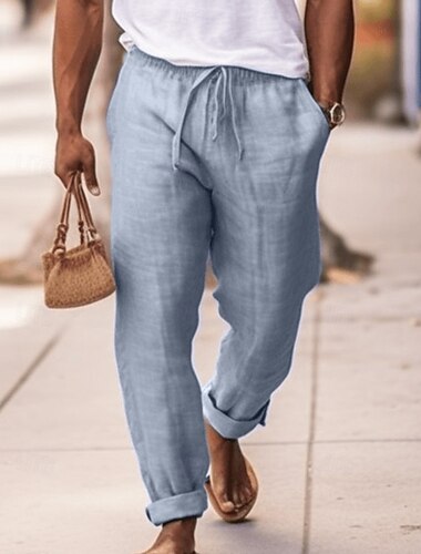  Herren Leinenhosen Hose Sommerhose Kordelzug Elastischer Bund Einfach Komfort Weich Volle Länge Täglich Ausgehen Strand Mode Einfach Marineblau Himmelblau Mikroelastisch