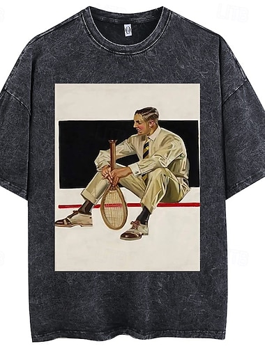  Vintage-Illustration T-Shirt-Ärmel Übergroßes Acid Washed T-Shirt Bedruckt Grafik Für Paar Herren Damen Erwachsene Säurewäsche Casual
