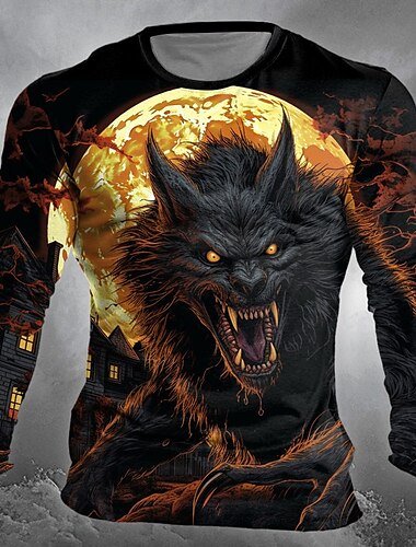  Halloween Herren Werwolf T Shirt Langarm T-Shirt 3D-Druck Rundhalsausschnitt Hemd Designer Retro Vintage Strasse Casual Täglich Schwarz Sommer Frühling Herbst Bekleidung S M L XL XXL XXXL