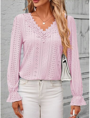  Top in pizzo elegante da donna con ricami blusa a tinta unita top regolari a maniche lunghe maniche a farfalla colletto a V top romantici petite per l'estate abbigliamento per le vacanze rosa blu
