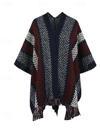  Damen Schultertuch Modisch Gestreift Gehäkelt Öffnung vorne Streifen Ärmellos Lange Oberteile Stricken Arbeit Weiß / Schwarz Marineblau Herbst Winter