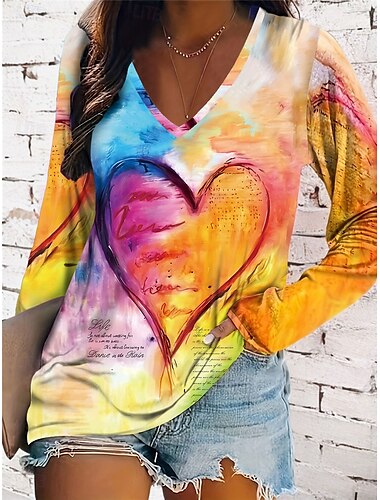  dames t-shirt casual print lange mouw normale tops v-hals dagelijks geel roze blauw lente&amp;  val