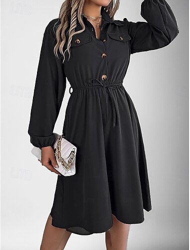  Dames Werk Jurk A lijn jurk Modieus Dagelijks Werkmode Bisschop Halflange jurk Geplooid nappi Overhemdkraag Lange mouw Effen Normale pasvorm Zwart Wijn Khaki Lente Herfst S M L XL