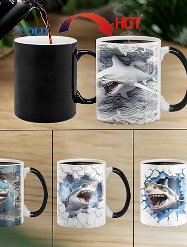  teplo měnící hrnek, žralok teplo měnící 3D iluze keramický dárkový hrnek na kávu, 11 oz tepelně citlivý hrnek na kávu měnící barvu, roztomilý vánoční dárkový hrnek pro milovníka žraloků