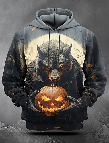  Halloween Homens Abóbora Lobisomem Moletom Moletons Moletom Manga Longa Moletom com capuz Com Capuz Moda Impressão 3D Preto Bolsos Impressão 3D Outono Inverno Designer