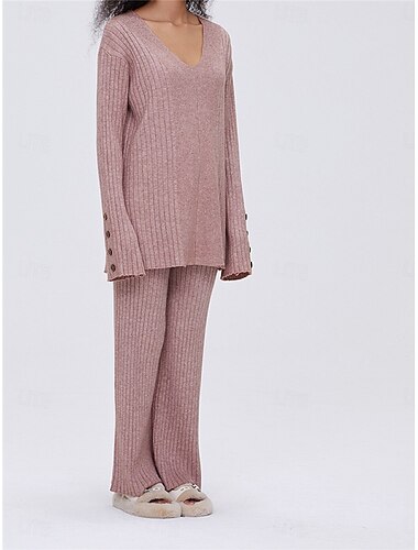 Damen-Pyjama-Sets in reiner Farbe, modisch, Basic-Komfort für zu Hause, tägliches Bett, Strick, atmungsaktiv, V-Draht, langärmeliger Pullover, Hose, Knopfleiste, elastische Taille,