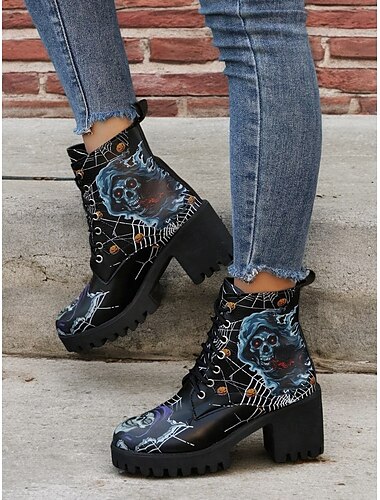  Botas de combate con estampado de calavera de Halloween para mujer: tacón grueso, diseño con cordones, perfectas para la temporada espeluznante y atuendos festivos