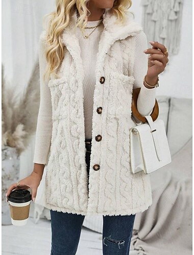  Dames Fleecejack Teddy jas Houd Warm Ademend Knop Zak Casual Effen Vakantie Straat Alledaagse kleding Uitgaan Enkele rij knopen Normaal Strijkijzer Normale pasvorm Mouwloos bovenkleding Wit Herfst