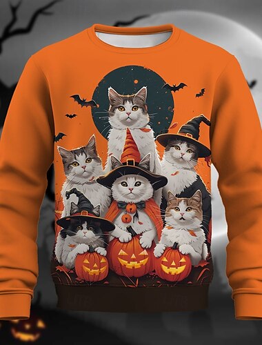  Katze Kürbis Herren 3D 3d Drucken Sweatshirt Pullover Halloween Urlaub Ostern Halloween Sweatshirts Orange Rundhalsausschnitt Rundhalsausschnitt Winter Frühling & Herbst Designer Kapuzenpullover