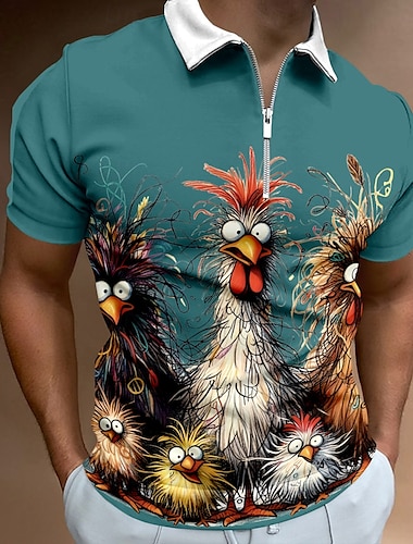  Herren Hühnchen Poloshirts mit Reißverschluss Golfshirt Kurzarm Polo-Shirts Hemden mit Kragen Lässig Lustig Streetwear Urlaubskleidung Party-Outfits 3D-Druck Viertelreißverschluss-Poloshirt Sommer