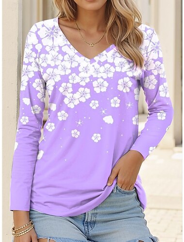  女性用チュニックTシャツ ファッションカジュアル プリント 長袖 レギュラートップス Vネック デイリー ピンク 青色 紫色 橙色 春 秋