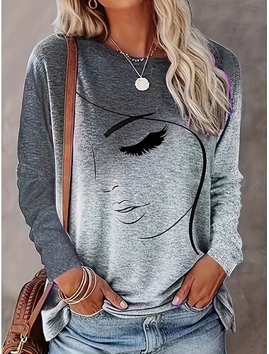  Damen T-Shirt Casual Print Langarm Normal Oberteile Rundhals Alltag Khaki Grau Frühling Herbst