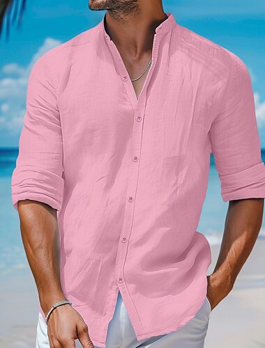  Hombre Camisa Camisa de verano Camisa de playa Camisa con cuello mao Abotonar la camisa Plano Vacaciones Maldición Blanco Rosa Azul Marino Azul Piscina Manga Larga Cuello alto Primavera verano Ropa