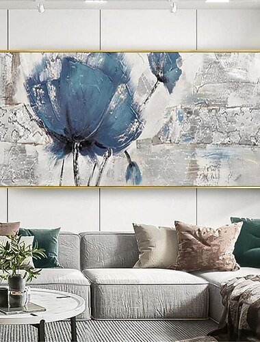  Pintura al óleo hecha a mano lienzo arte de la pared decoración textura abstracta moderna gran flor rosa azul para sala de estar decoración del hogar pintura sin marco enrollada