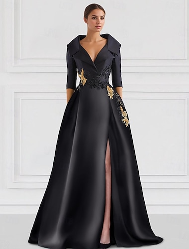  Schwarz A-Linie Abendkleid Elegantes Kleid Smoking Kleid Formal Bodenlänge 3/4 Länge Ärmel Hemdkragen Tasche Satin mit Applikationen beeindrucken 2025