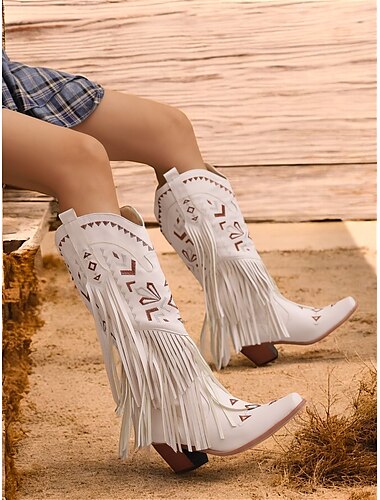  braune Western-Cowboystiefel mit Fransen und Tribal-Muster für Damen – modische Reitstiefel aus Kunstleder für die Freizeit und Events im Country-Stil