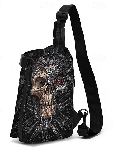  Men's Gothic Skull Print Crossbody Sling Bag - Dark Punk Style Shoulder Bag with Adjustable Strap