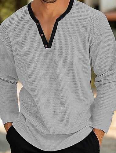  Herren Waffel-Henley-Hemd T-Shirt langarmshirt Feste Farbe V Ausschnitt Outdoor Casual Langarm Patchwork Taste Bekleidung Modisch Designer Komfortabel