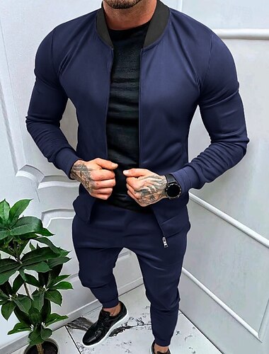  Herren Trainingsanzug Jogginganzug Sweatshirt mit durchgehendem Reißverschluss Schwarz Gelb Armeegrün Rote Marineblau Stehkragen Farbblock 2 teilig Sport & Natur Täglich Festtage Strassenmode Basic