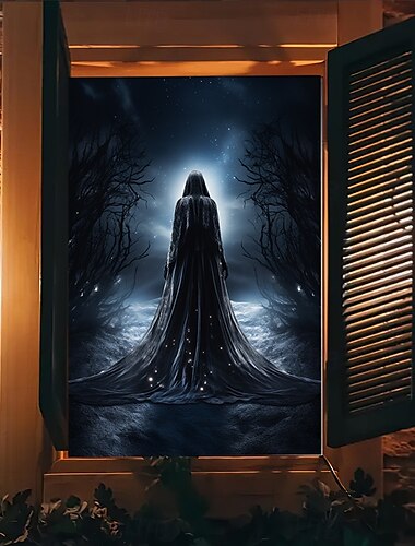  Halloween-Fensterverkleidung, gruseliger Halloween-Stoffvorhang mit Horrorfilm-Poster, Fenster- und Türverkleidung, Deko für Spukhaus, gruselige Halloween-Fensteraufkleber für drinnen und draußen