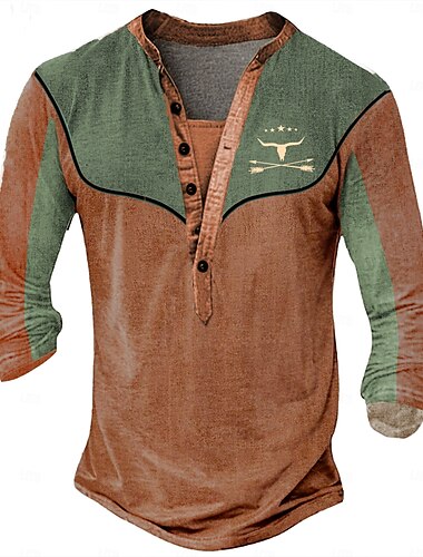  Miesten Kantri T-paita Henley-paita Pitkähihainen 3D-tulostus Suunnittelija Retro / vintage länsimaista tyyliä Katu Kausaliteetti Päivittäin Kesä Kevät Syksy Musta Sininen Apila Henley Henley T-paita