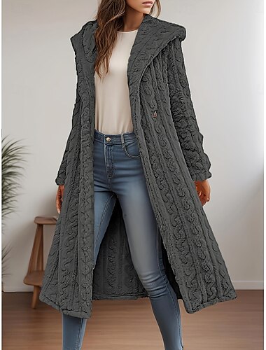  Damen-Kapuzenmantel, Jacke, Longline, Zopfmuster, weicher Plüsch, warme Winteroberbekleidung, beige, Einzelknopf, lässig, langärmelig, Herbst/Winter